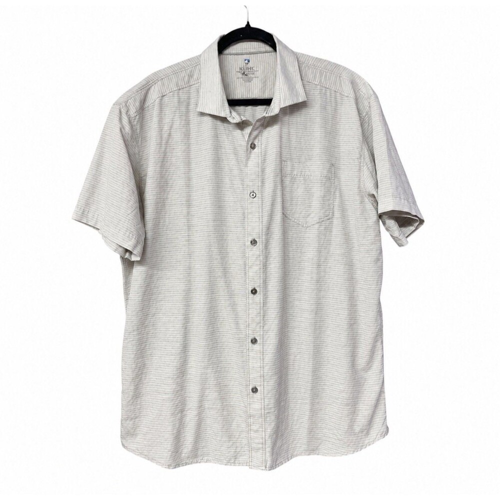 KÜHL Men’s XL Short Sleeve Button Up Shirt Beige Stripe Linen Blend Outdoor